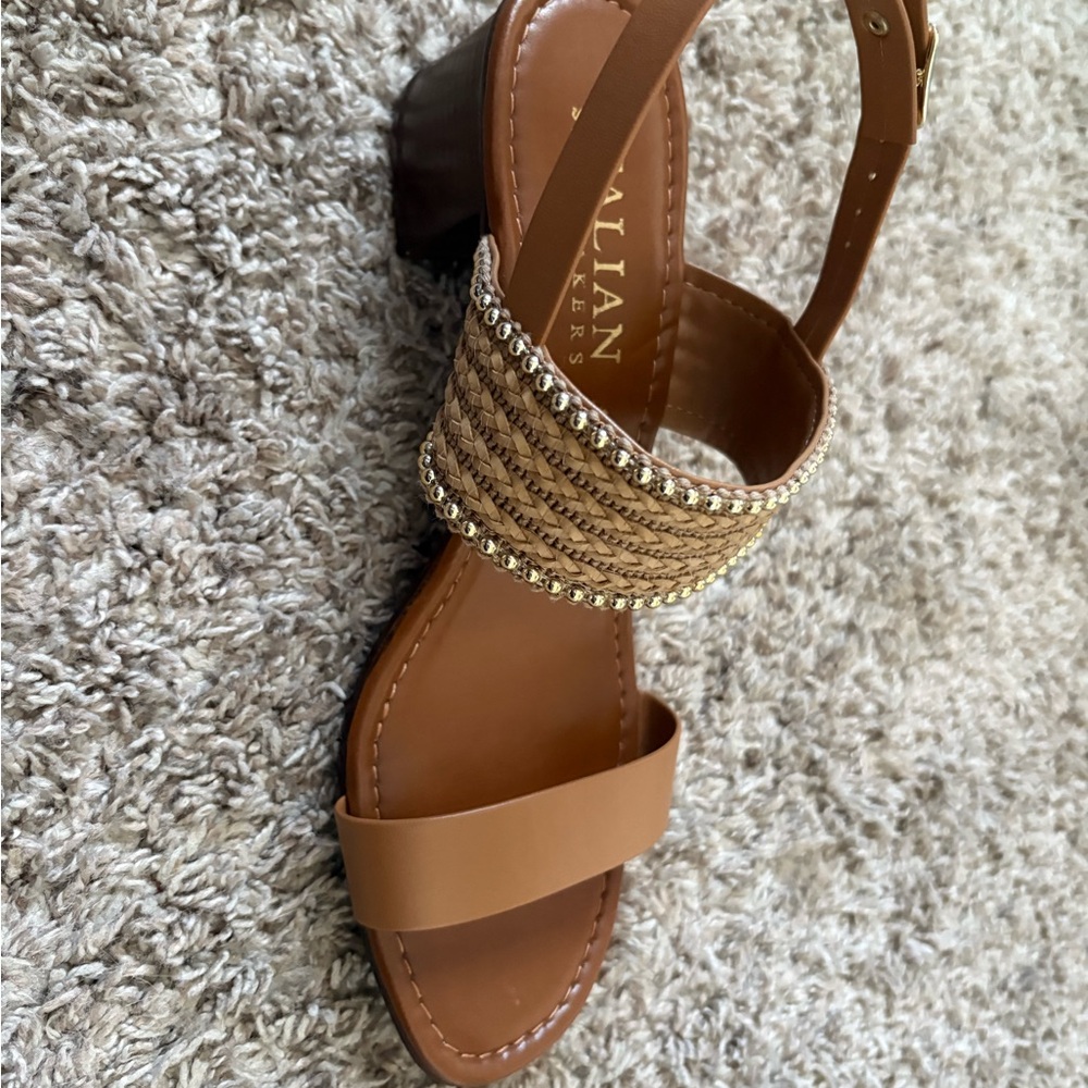 Italian Shoemakers Tan Braided Espadrille Slingback Sandals with Gold Trim - Picture 5 of 8